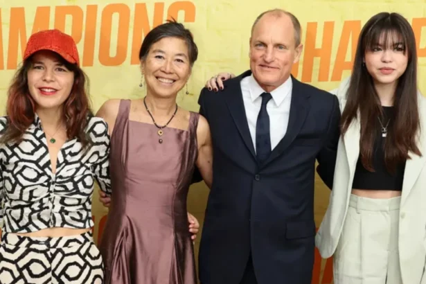 Deni Montana Harrelson, Laura Louie, Woody Harrelson,and Makani Harrelson attend the premiere of "Champions" on February 27, 2023