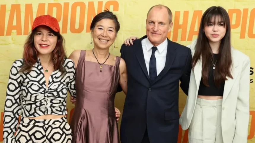 Deni Montana Harrelson, Laura Louie, Woody Harrelson,and Makani Harrelson attend the premiere of "Champions" on February 27, 2023