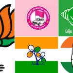 electoral bonds (Logos of BJP. TMC, Congress, BRS and BJD)