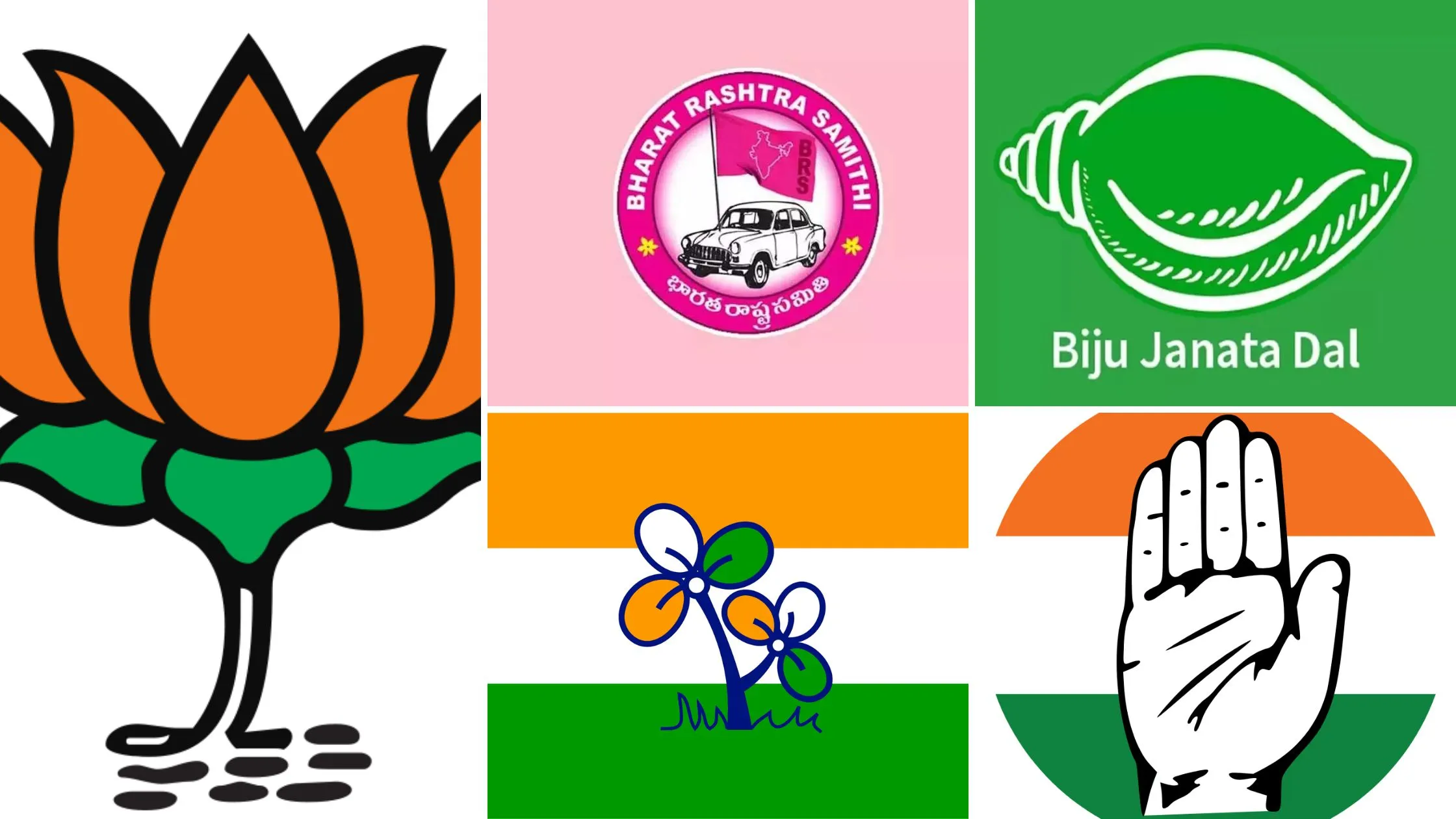electoral bonds (Logos of BJP. TMC, Congress, BRS and BJD)